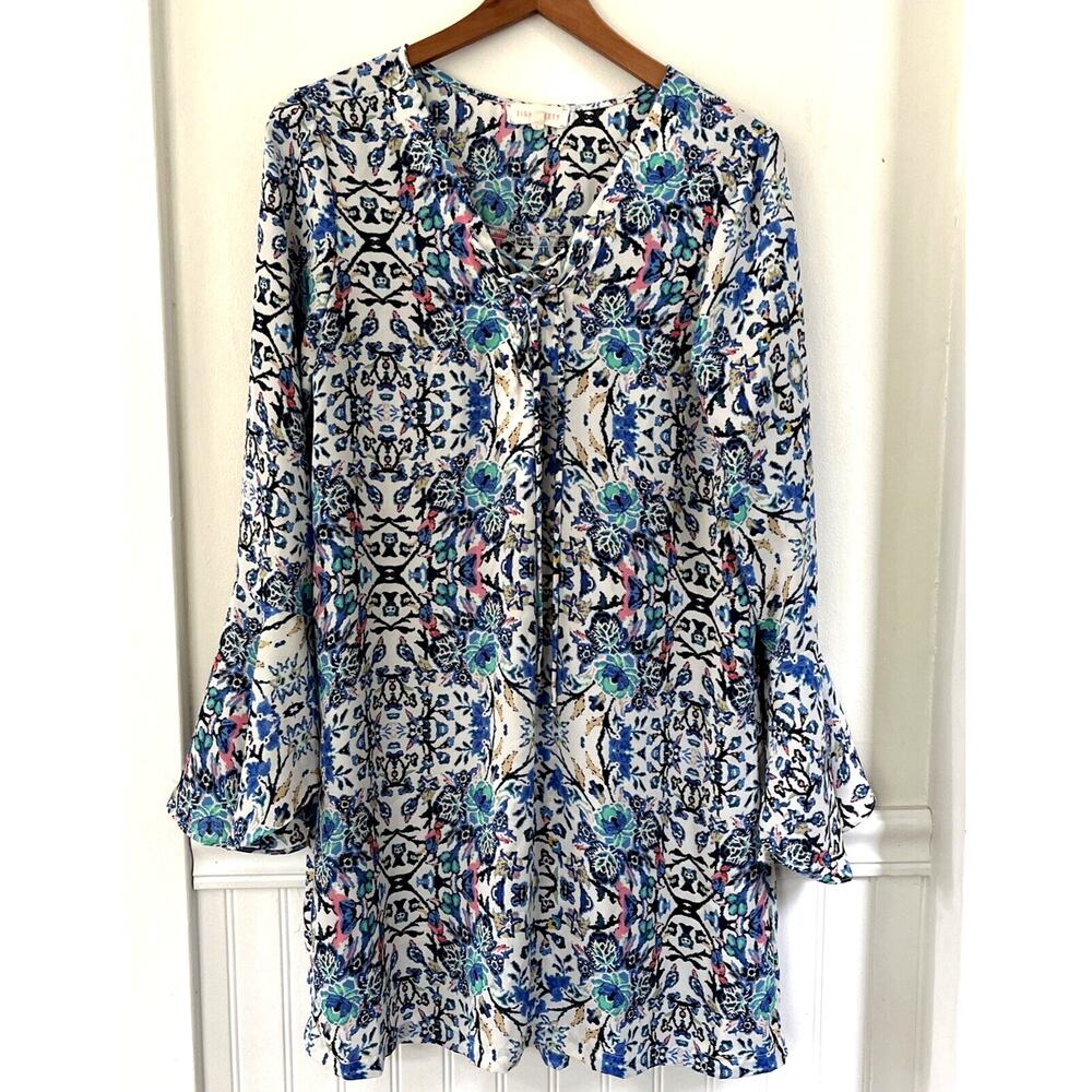 Eight Sixty Shift Dress Tunic Top Floral Long Flare Sleeve Lace Up Size L